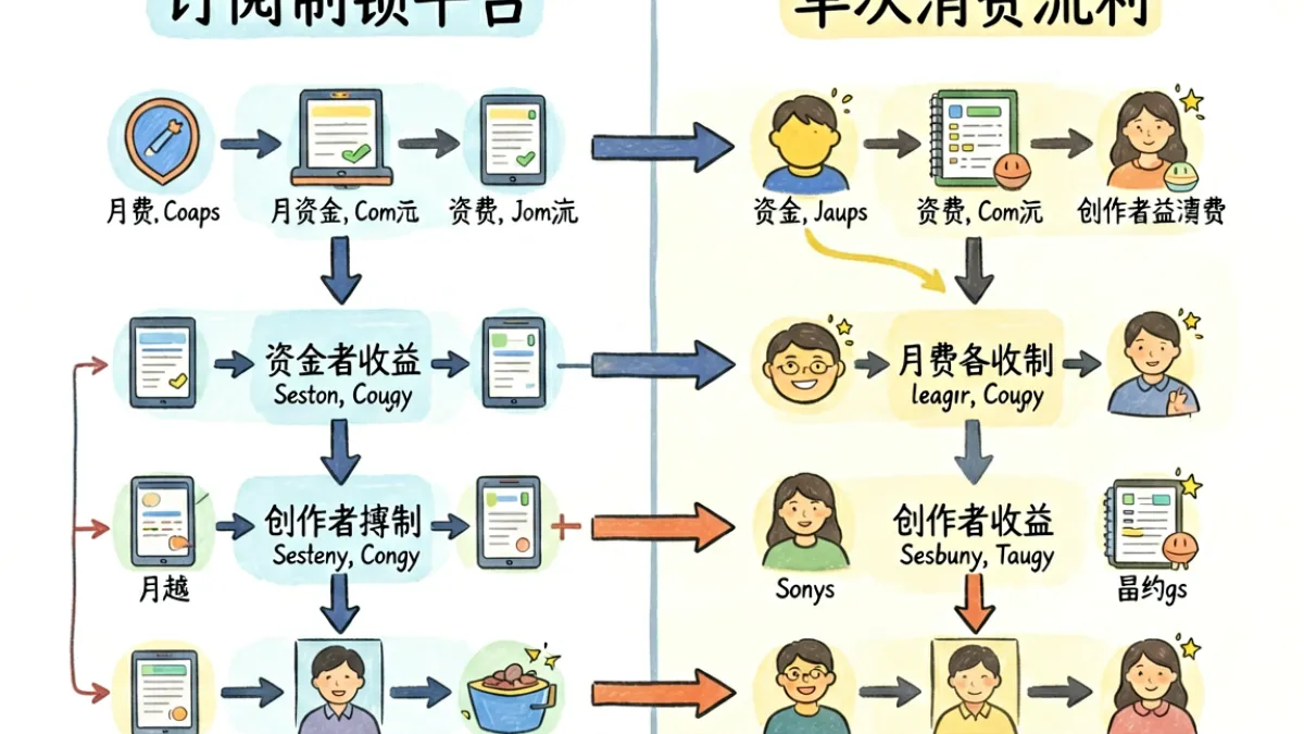 展示福利姬创作者在不同平台上发布内容的流程示意图，包含订阅制与打赏制两种模式对比