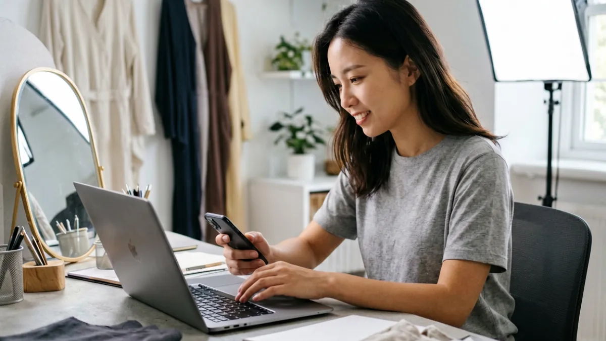 一位创作者坐在桌前处理手机内容后台，旁边放着拍摄道具，体现福利姬日常运营工作的真实状态