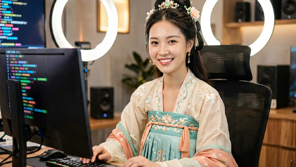 福利姬创作者在直播间与粉丝实时互动，屏幕上滚动着大量弹幕留言