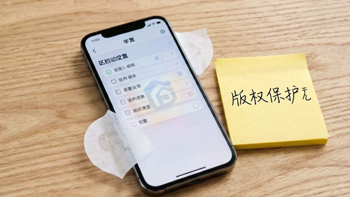 手机屏幕上显示订阅平台内容保护设置界面，旁边放着写有版权保护字样的便签