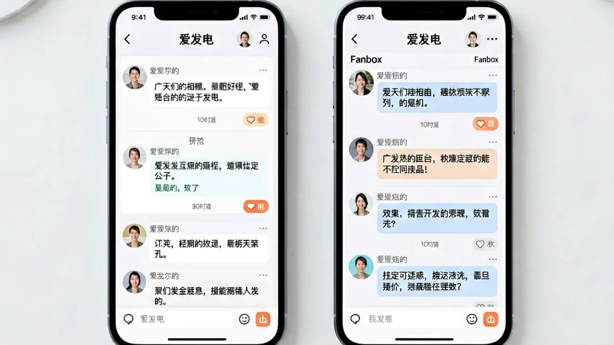 手机屏幕上展示爱发电与Fanbox两个平台的粉丝评论区界面，展现福利姬与粉丝互动消息的对比截图