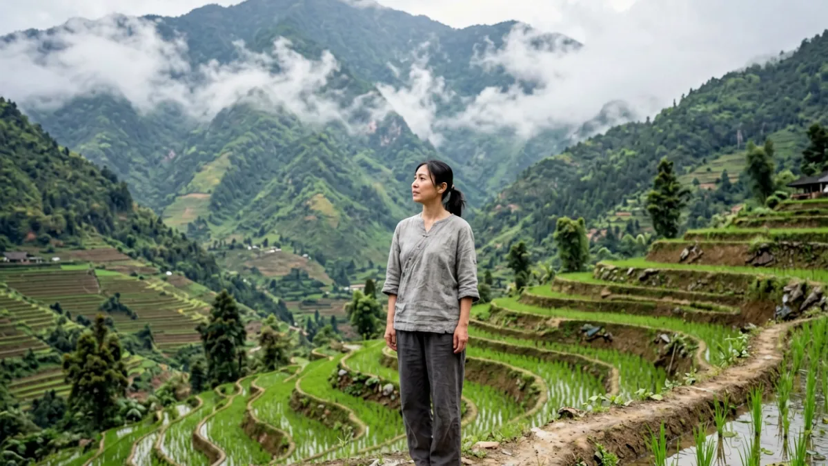 排名第三的福利姬户外旅拍场景，山川背景与人物形成强烈视觉对比，风格清新自然